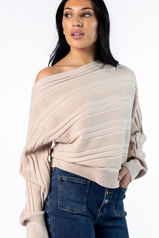 Feels Right Beige Off The Shoulder Ribbed Sweater 100% Original