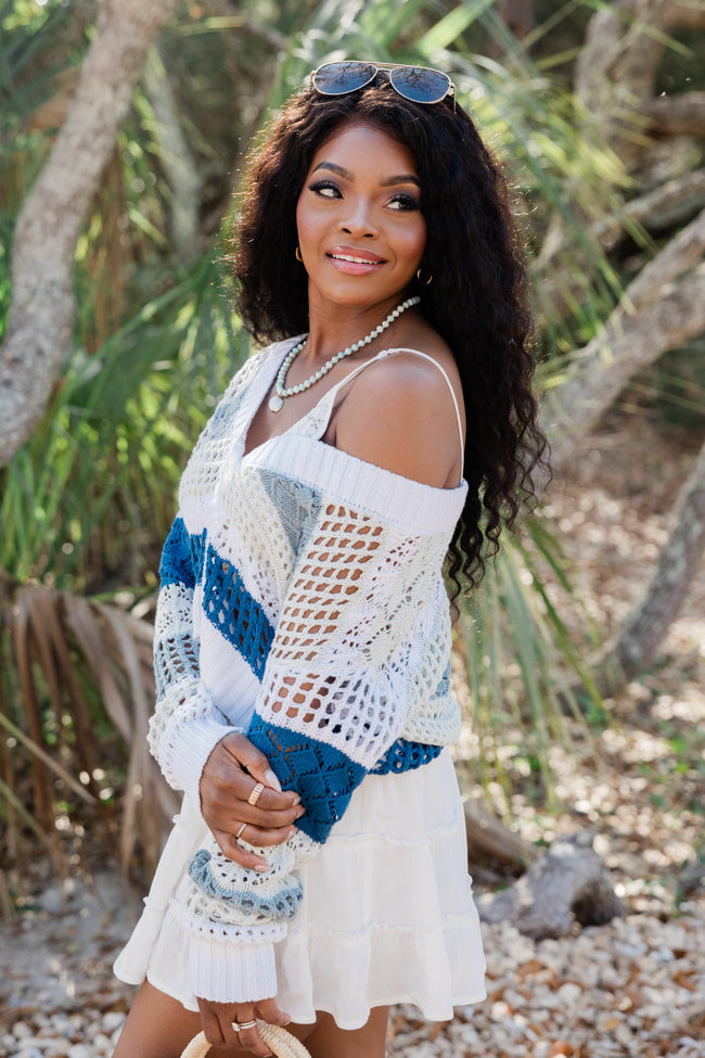 I'm On Board Blue Crochet Striped Cardigan