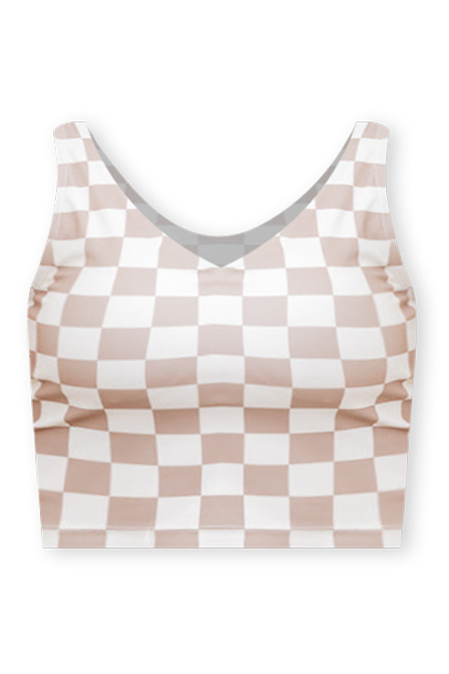 Miles Ahead Cropped Beige Checkered V-neck Tank Bra Top FINAL SALE Popular