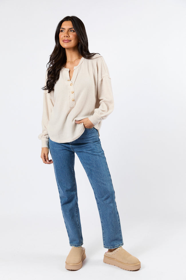 Any Other Way Oatmeal Brushed Rib Henley Knit Long Sleeve Top Clearance Factory Outlet