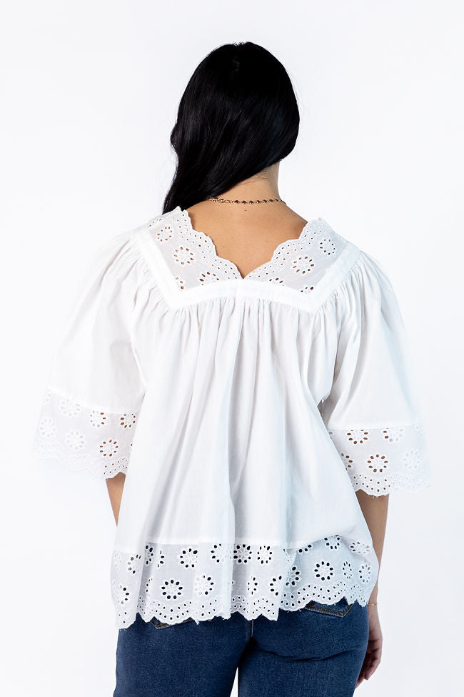 No Regrets Ivory Eyelet Detail Popover Short Sleeve Blouse Shop For Sale