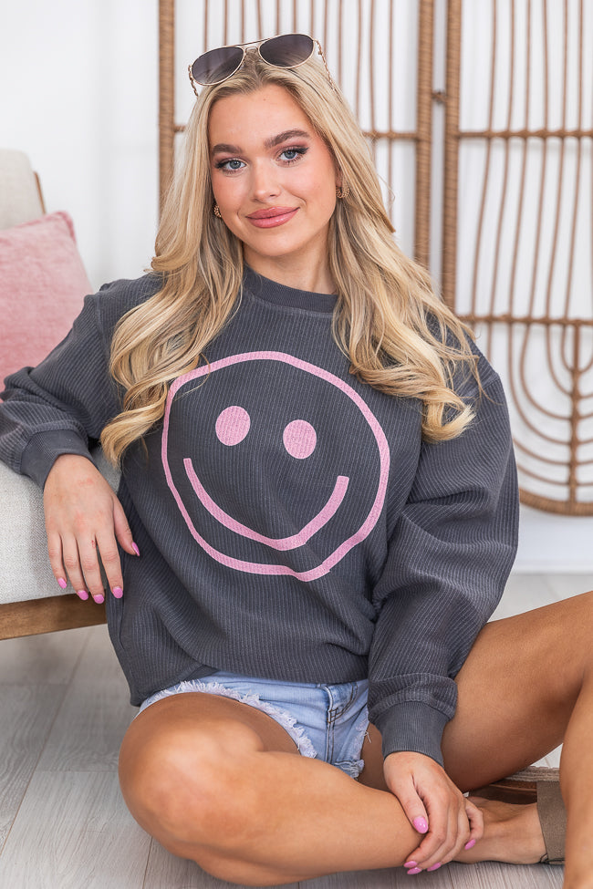 Pink Smiley Charcoal Corded Graphic Sweatshirt Outlet Locations For Sale