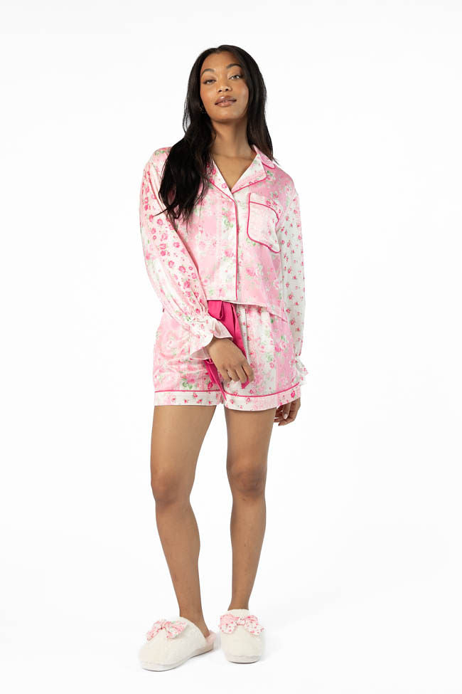 Don't Wake Me Up Pink Multi Floral Long Sleeve Satin Pajama Top