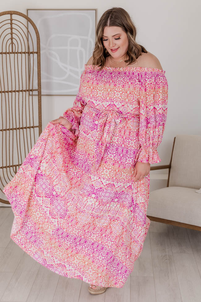 Dynamic Love Pink Printed Off The Shoulder Maxi Dress FINAL SALE Clearance For Cheap