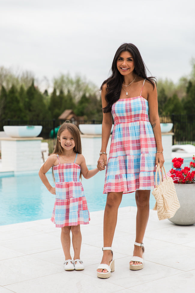 Kid's Tea With You Red and Light Blue Plaid Gauze Dress