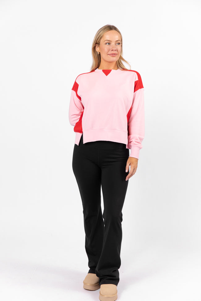 Far Between Pink and Red Contrast Trim Crew Neck Sweatshirt Sale Deals