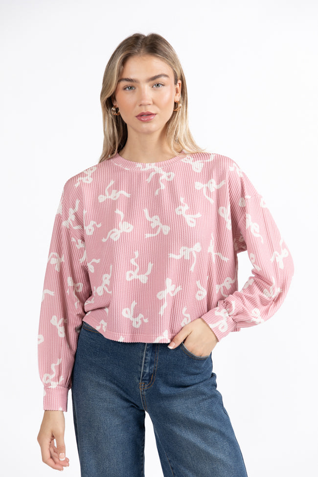 Secret Gardens Pink Bow Ribbed Printed Top FINAL SALE Cheap Footlocker