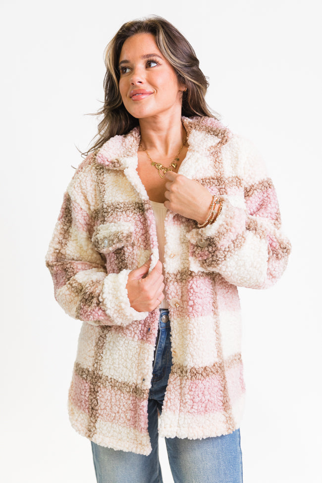 Beloved Memories Pink Plaid Sherpa Shacket Sale Enjoy