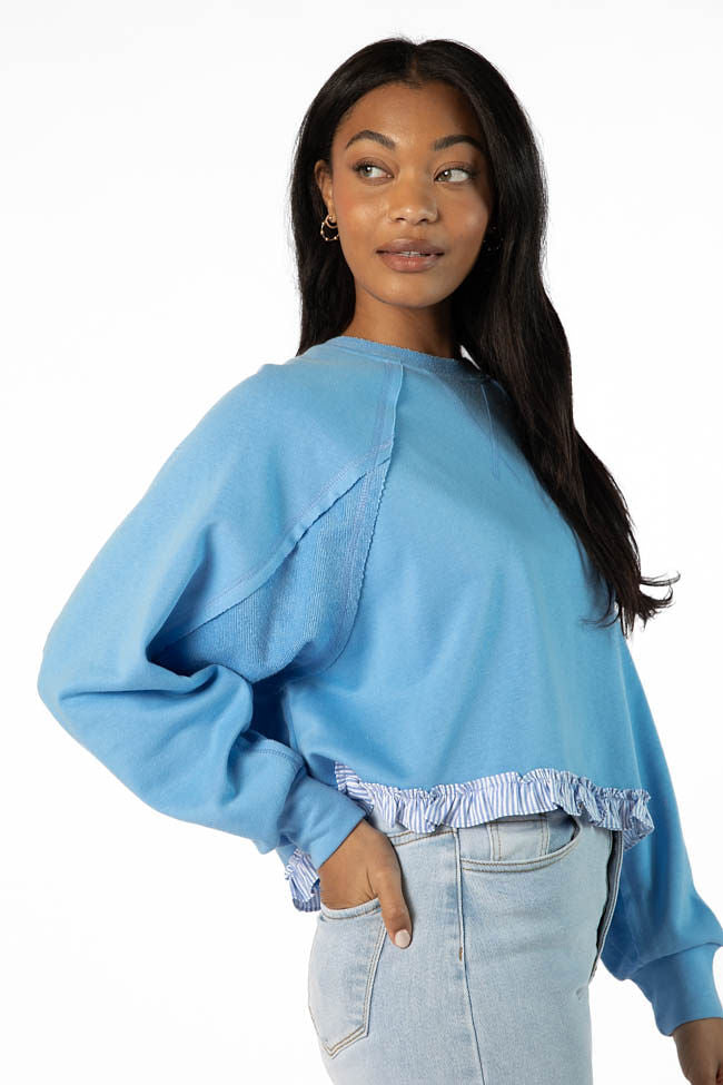 Away We Go Cropped Blue Stripe Ruffle Hem Crew Neck Sweatshirt Wholesale Pice Cheap Pice