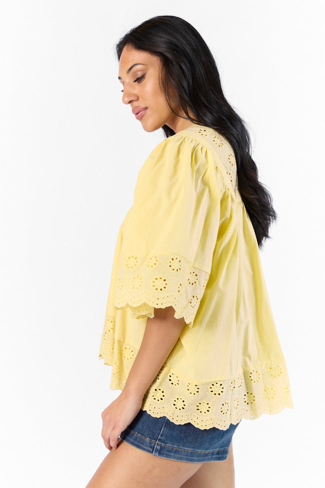 No Regrets Yellow Eyelet Detail Popover Short Sleeve Blouse Clearance Reliable