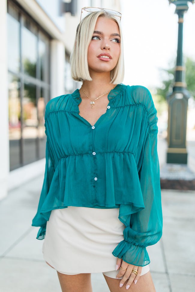 Breathe Deeper Jade Sheer Ruched Blouse FINAL SALE Genuine For Sale