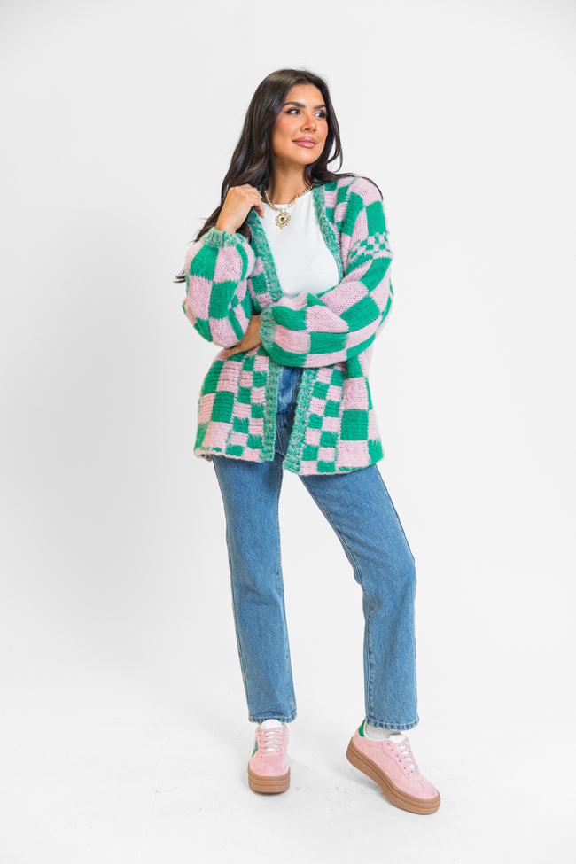 Atta Girl Pink and Green Checkered Cardigan 2025 New Cheap Pice