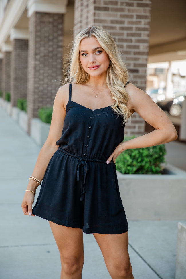 Take A Minute Black Solid Tie Waist Romper Sale Best Sale