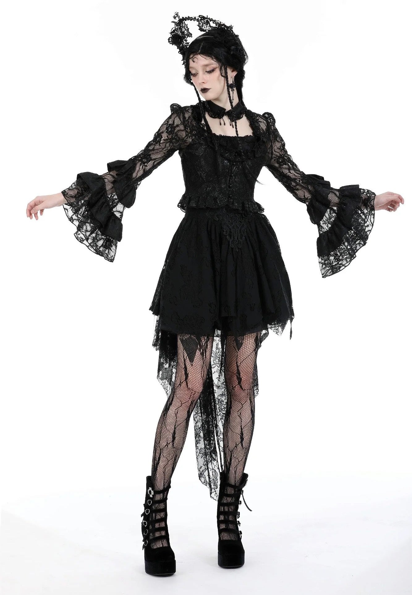 Dark In Love - Gothic Sexy Lace Petal Sleeve Black - Top Shop For Cheap Pice