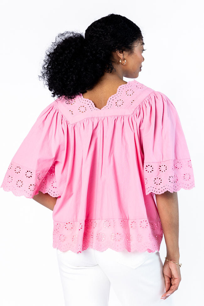 No Regrets Pink Eyelet Detail Popover Short Sleeve Blouse Free Shipping For Cheap