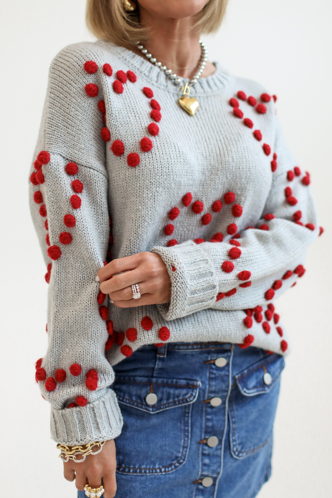 Adore You Grey and Red Oversized Heart Pom Sweater Kalee Rogers X Pink Lily FINAL SALE Explore Cheap Pice