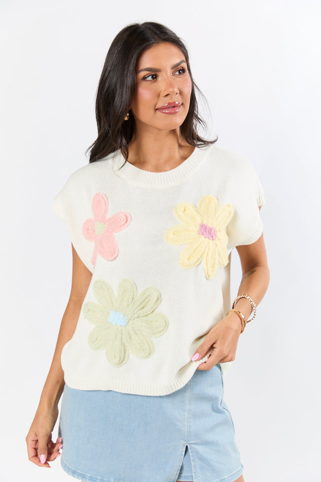 Blooming Joy Ivory Multi Flower Embroidered Short Sleeve Sweater Cheap High Quality