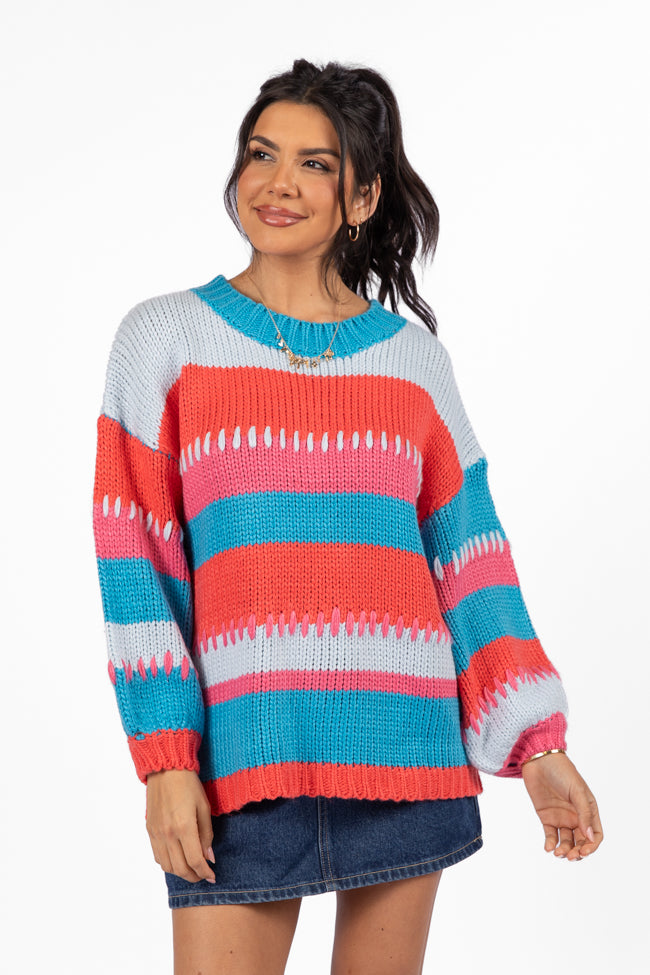 Something Extra Blue Multi Stripe Chunky Knit Stitch Detail Sweater Outlet Pay With Paypal