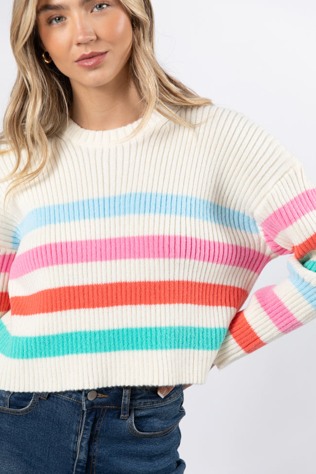 I'm Just Thinking Multi Color Stripe Hem Crew Neck Sweater FINAL SALE