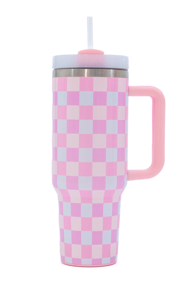 Sippin' Pretty Multi Pastel Checkered 40 oz Drink Tumbler With Lid And Straw