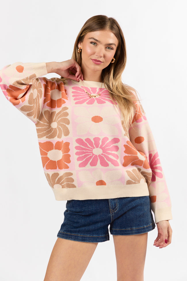 Gracious Gardens Coral Multi Block Floral Sweater With Paypal Sale Online