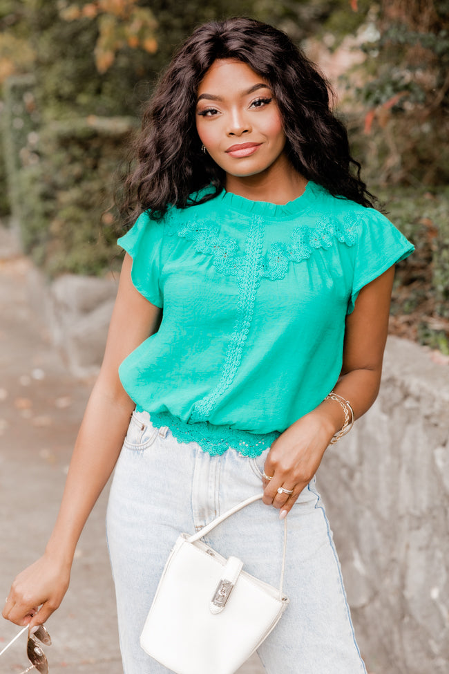 Stay Around Kelly Green Lace Trim Short Sleeve Blouse FINAL SALE Discount Pay With Paypal