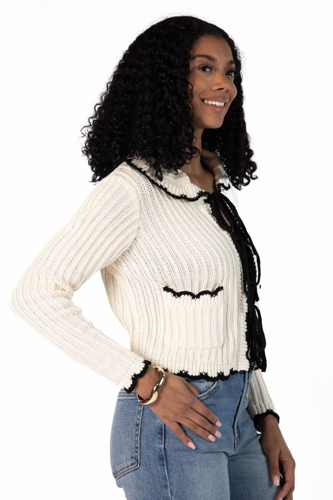 Aim High Cream and Black Tie Front Crochet Cardigan Cheap Sale Pick A Best