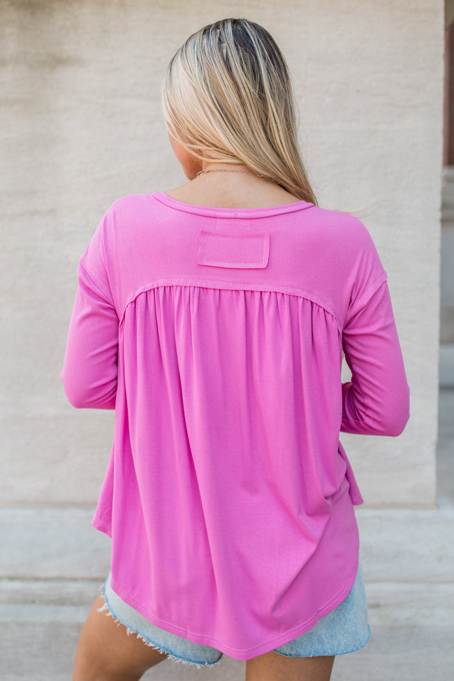 On One Hand Pink Ribbed Knit Oversized Henley Top With Mastercard