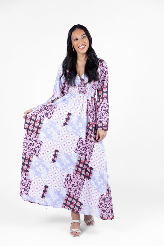 Falling Petals Purple Patchwork Printed Maxi Dress Comfortable Online