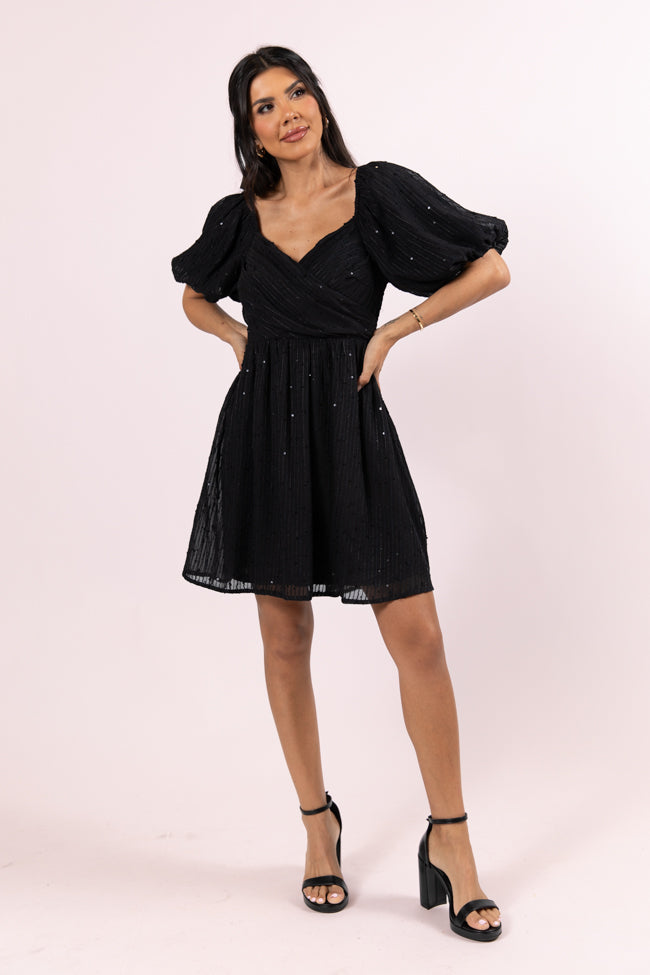 Get Figgy With It Black Textured Surplice Neckline Holiday Dress FINAL SALE Discounts Sale Online