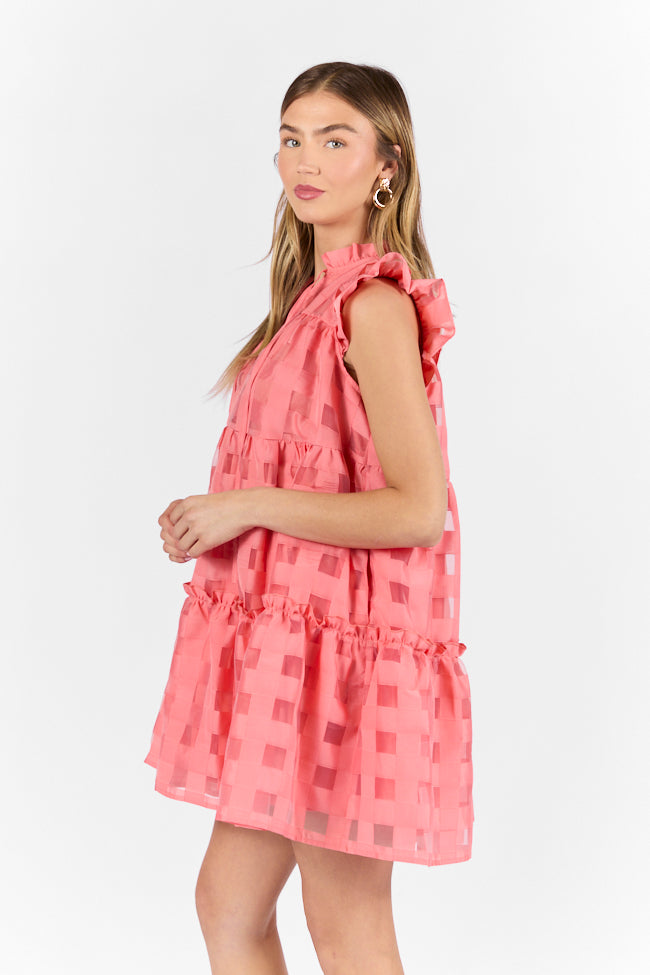 On The Line Coral Ruffle Shoulder Textured Mini Dress Free Shipping The Cheapest