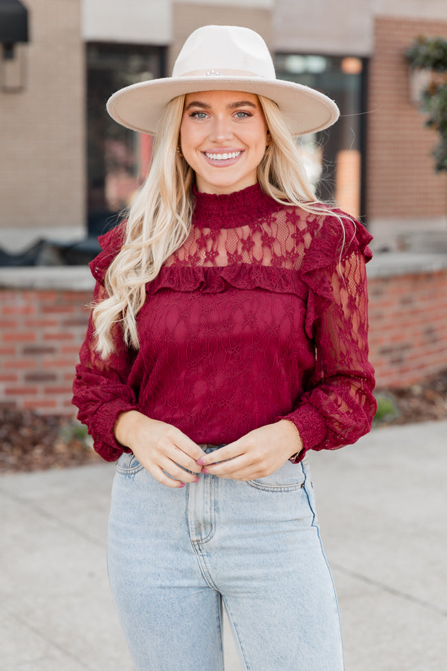 Be The Moment Burgundy Mock Neck Lace Blouse FINAL SALE Sale Exclusive