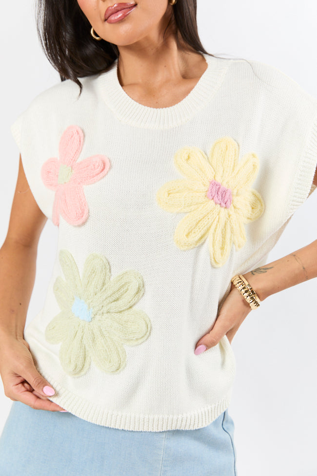 Blooming Joy Ivory Multi Flower Embroidered Short Sleeve Sweater Cheap High Quality