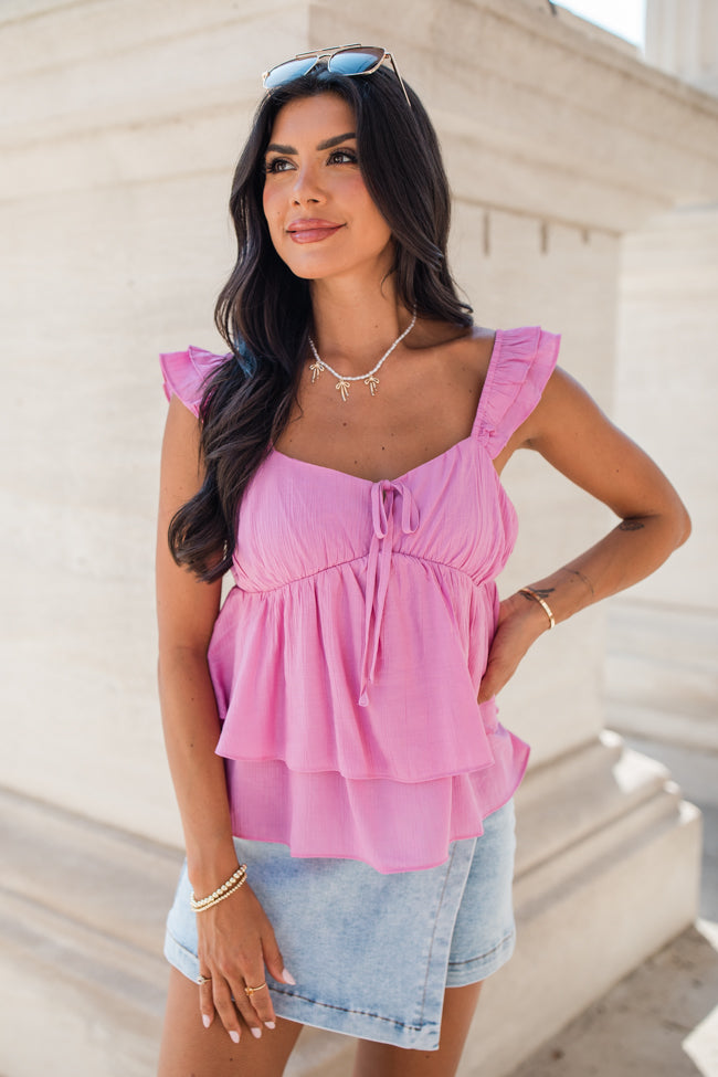 After All This Pink Ruffle Shoulder Cinched Bust Tank FINAL SALE Cheap Sale Reliable