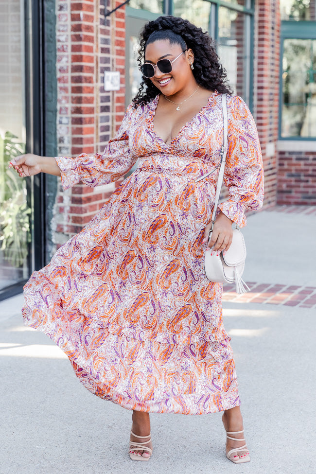 It's All A Dream Rust Multi Paisley Satin Ruffle Trim Maxi Dress FINAL SALE