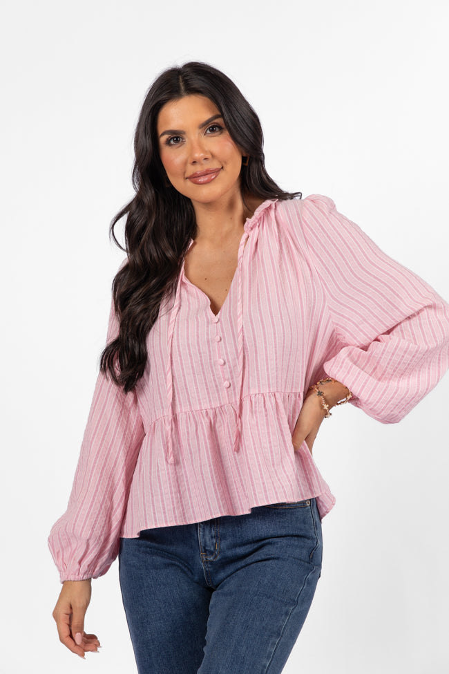 Oh My Darling Pink Stripe Notched Neckline Button Detail Peplum Blouse Discount Fast Delivery