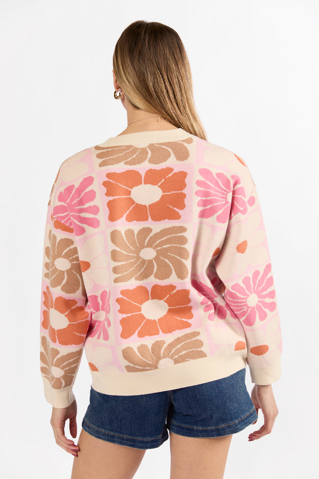 Gracious Gardens Coral Multi Block Floral Sweater With Paypal Sale Online