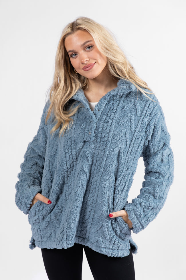 Take The Leap Blue Cable Detail Sherpa Pullover SALE Clearance Pictures