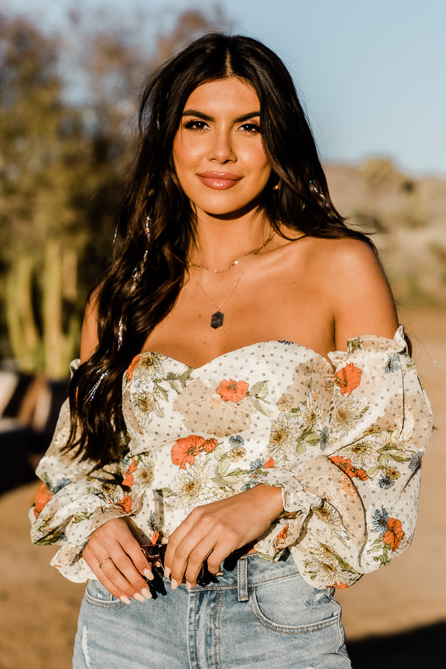 Don't Look Back Beige Floral Print Off The Shoulder Corset Blouse