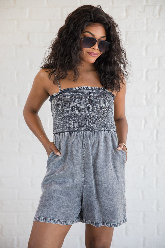 Embracing Change Grey Acid Wash Smocked Romper Buy Cheap Nicekicks