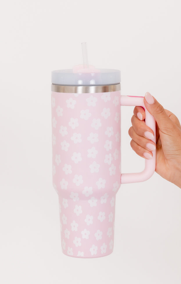 Sippin' Pretty Light Pink Daisy 40 oz Drink Tumbler With Lid And Straw