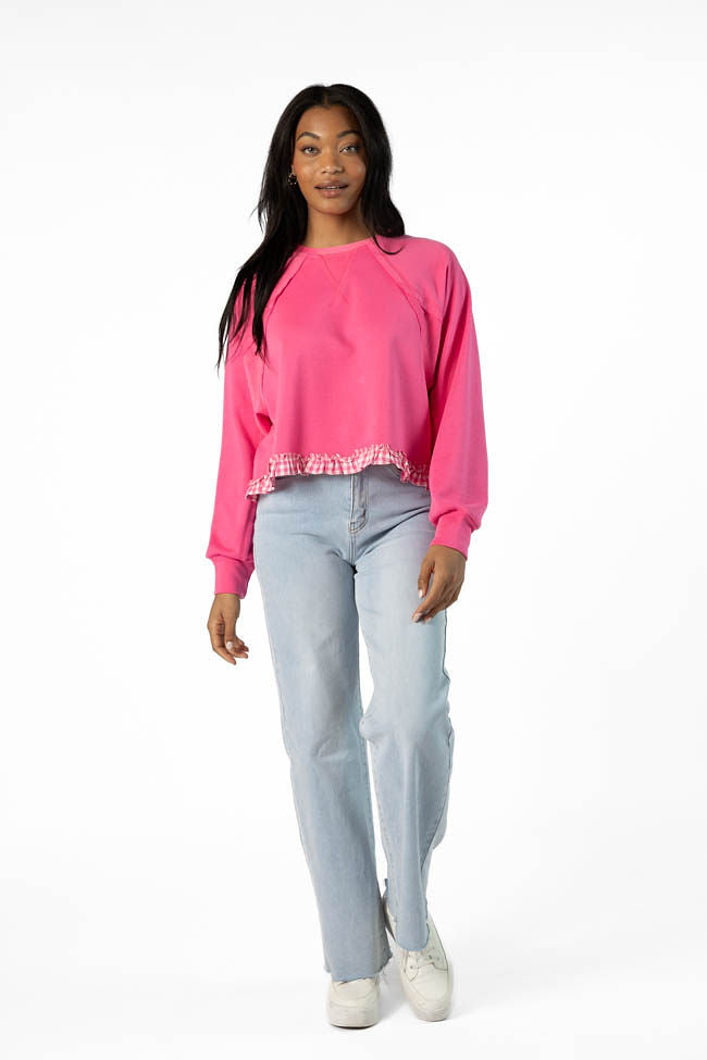 Away We Go Cropped Pink Gingham Ruffle Hem Crew Neck Sweatshirt Cost Cheap Pice