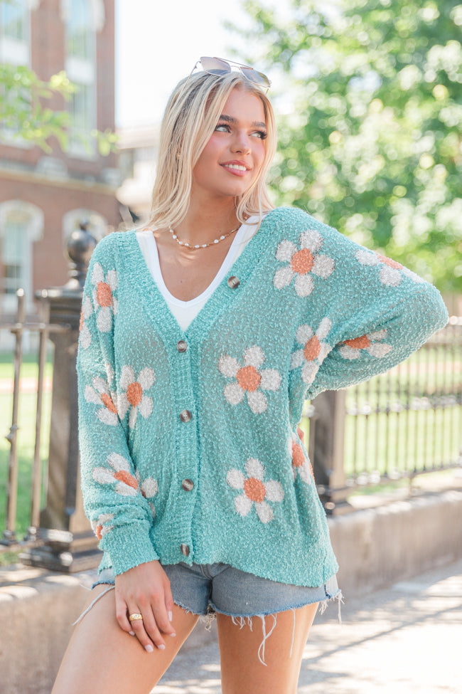 If I Do Teal Textured Flower Cardigan FINAL SALE Cheap Sale New Arrival