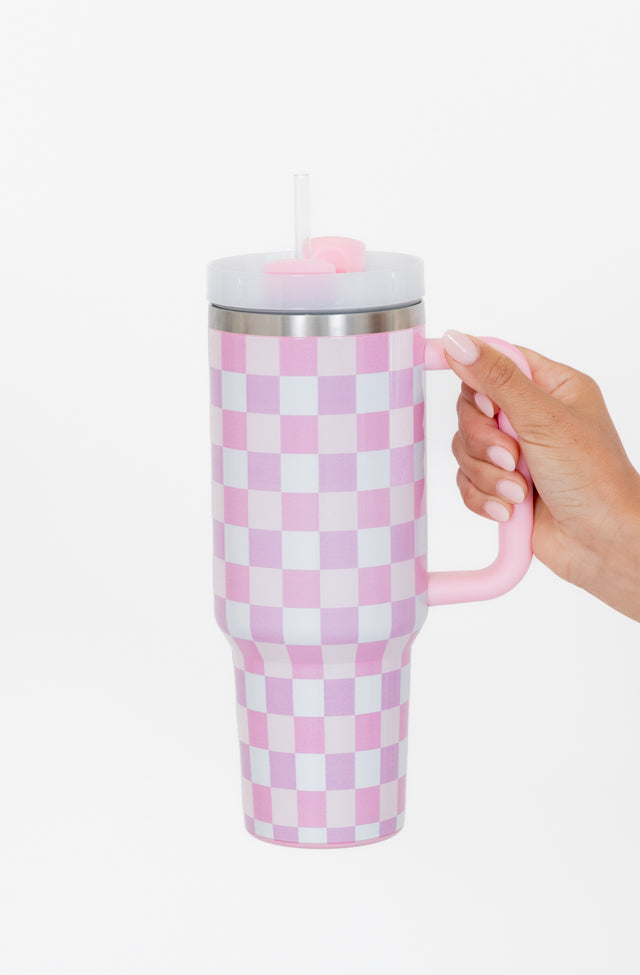 Sippin' Pretty Multi Pastel Checkered 40 oz Drink Tumbler With Lid And Straw