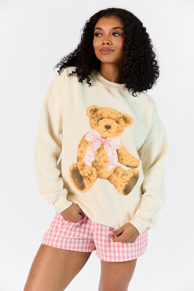 Vintage Teddy Bear Gingham Bow Cream Oversized Graphic Sweatshirt Free Shipping Top Quality