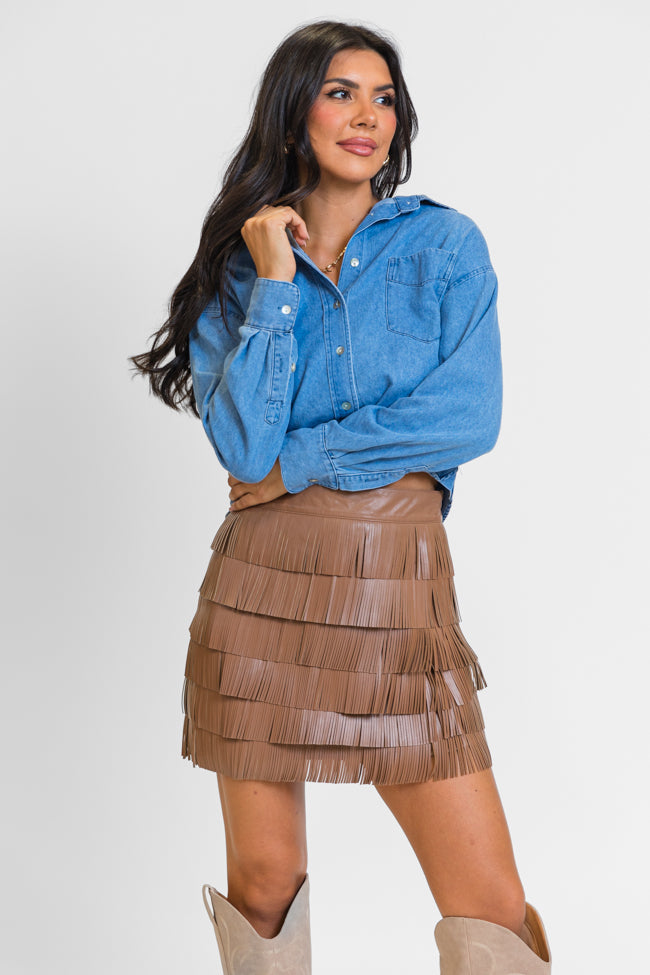 Follow Your Arrow Brown Faux Leather Fringe Skirt FINAL SALE Sale Lowest Pice