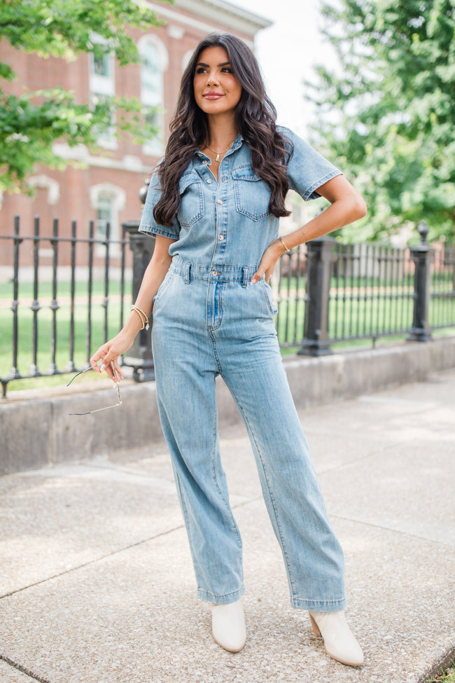 Chances Are Medium Wash Button Up Denim Jumpsuit FINAL SALE Best Seller