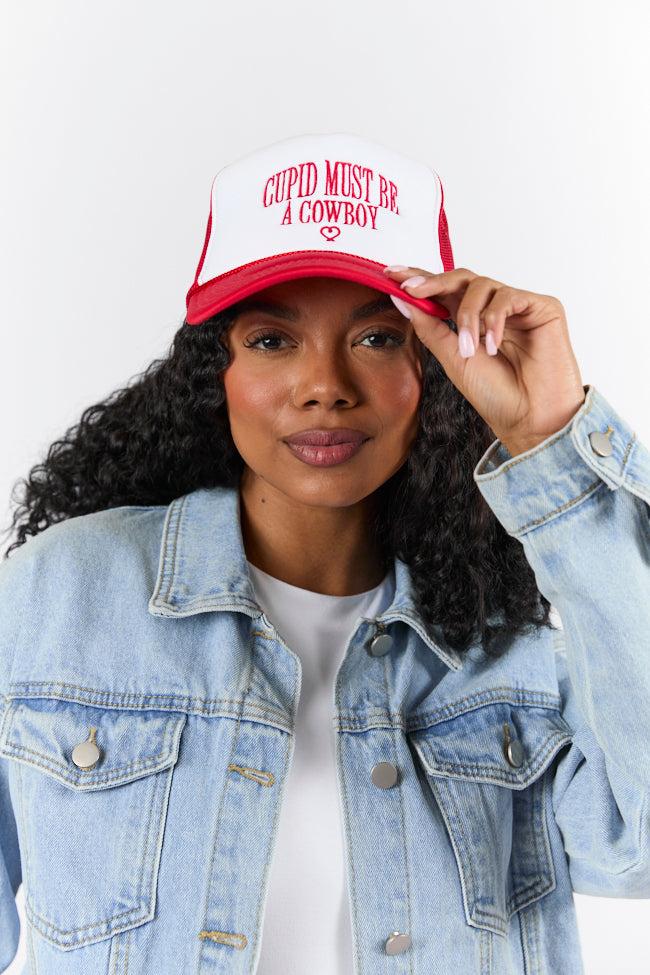 Cupid Must Be A Cowboy Red and White Trucker Hat FINAL SALE Sale Geniue Stockist