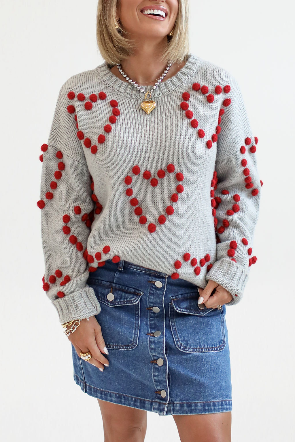 Adore You Grey and Red Oversized Heart Pom Sweater Kalee Rogers X Pink Lily FINAL SALE Explore Cheap Pice