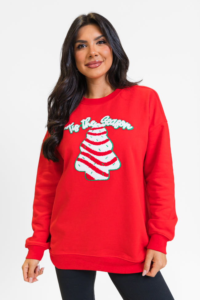 Tis The Season Christmas Cake Patch Red Oversized Graphic Sweatshirt FINAL SALE Sale Popular